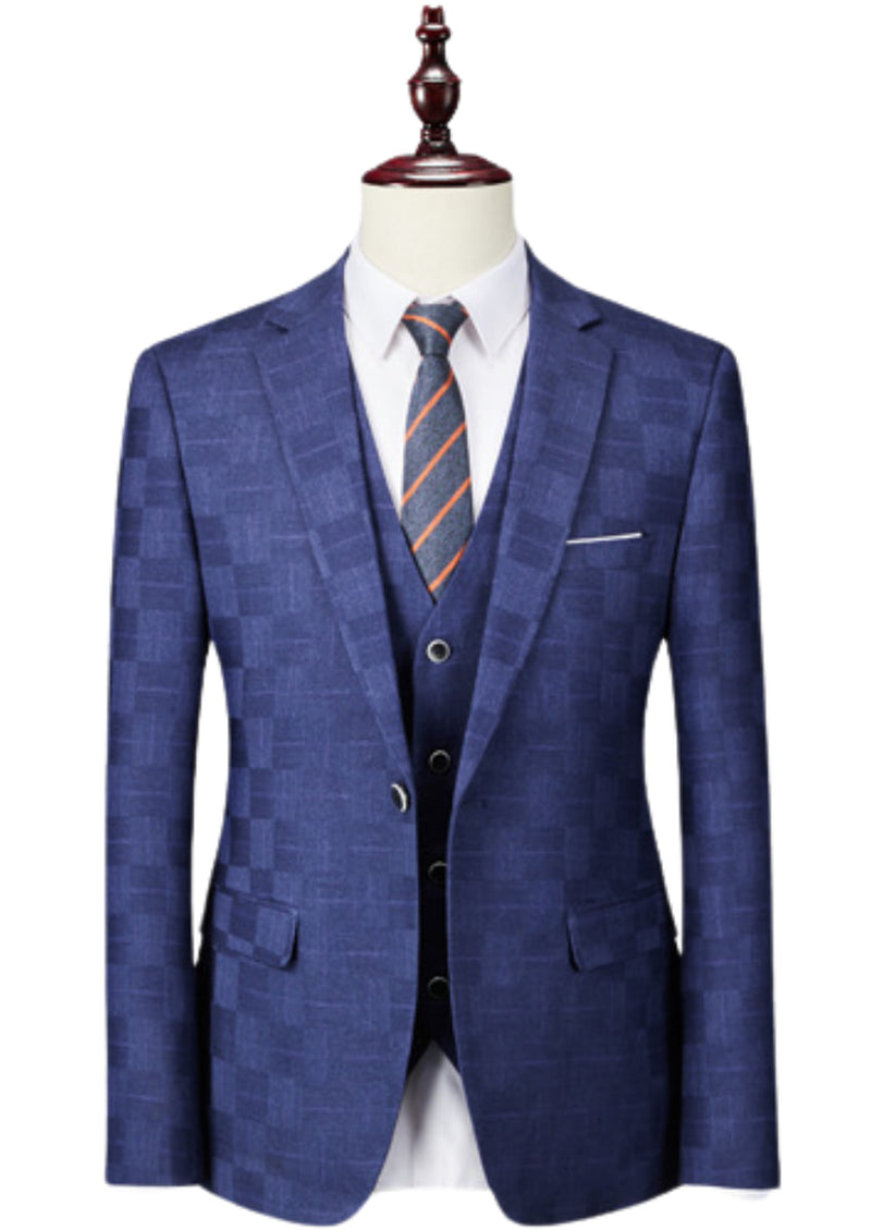 Men’s Navy Plaid 3-Piece Slim Fit Suit Classic Attire