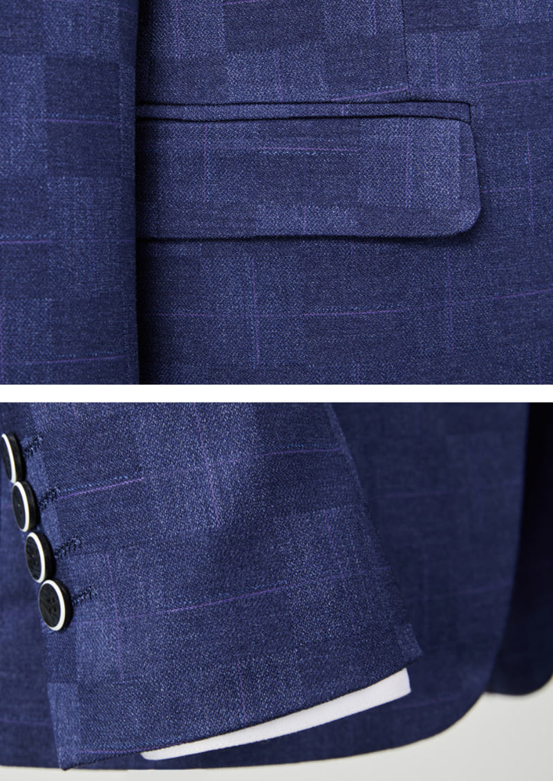 Men’s Navy Plaid 3-Piece Slim Fit Suit Classic Attire