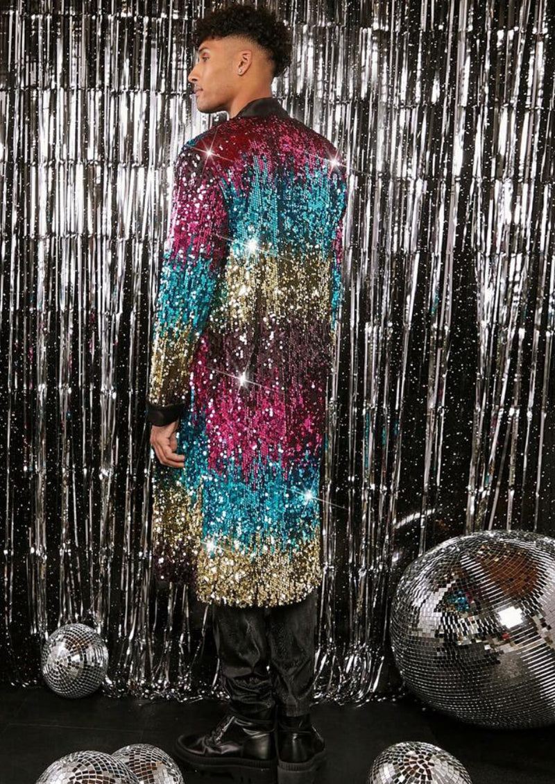 J*N様 IVY PARK Sequine Coat HoundstoothPa Men's Full Sequin Gradient Multi-color Tassel Blue Long Jacket for Sta
