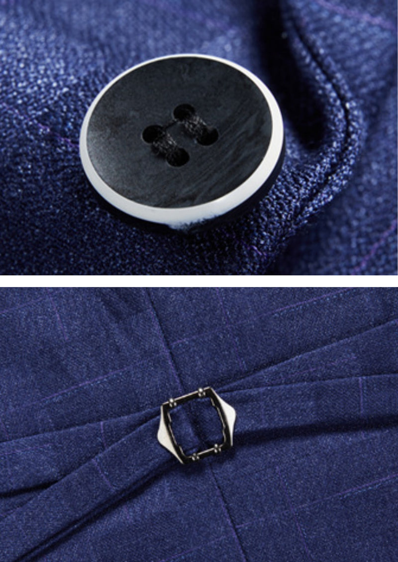 Men’s Navy Plaid 3-Piece Slim Fit Suit Classic Attire