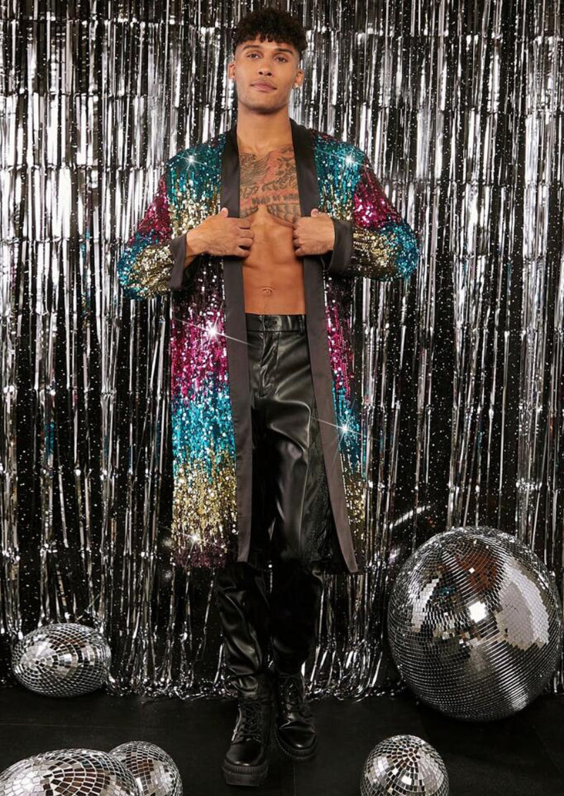 Men's Full Sequin Gradient Multi-color Tassel Blue Long Jacket for Sta