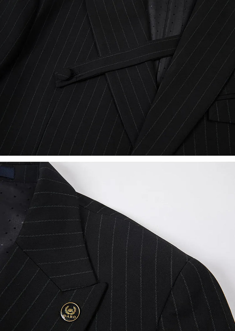 Traje casual negro de dos piezas con cuello y rayas decorativas para hombre