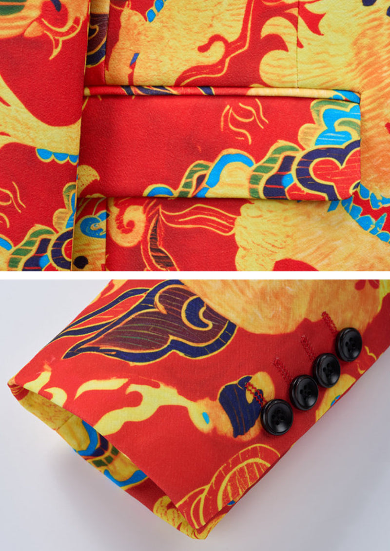 Men’s Chinese Spring Festival Dragon Print 2-Piece Suit Set