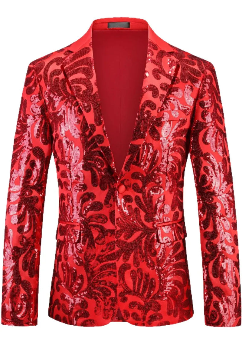 Men's Red Sequin Paisley Embroidered Suit Jacket with Flat Notch Lapel