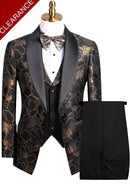 Men's 3-Piece Gold Jacquard Black Wedding Suit