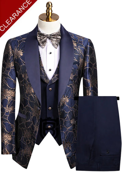 Men's 3-Piece Gold Jacquard Navy Blue Wedding Suit