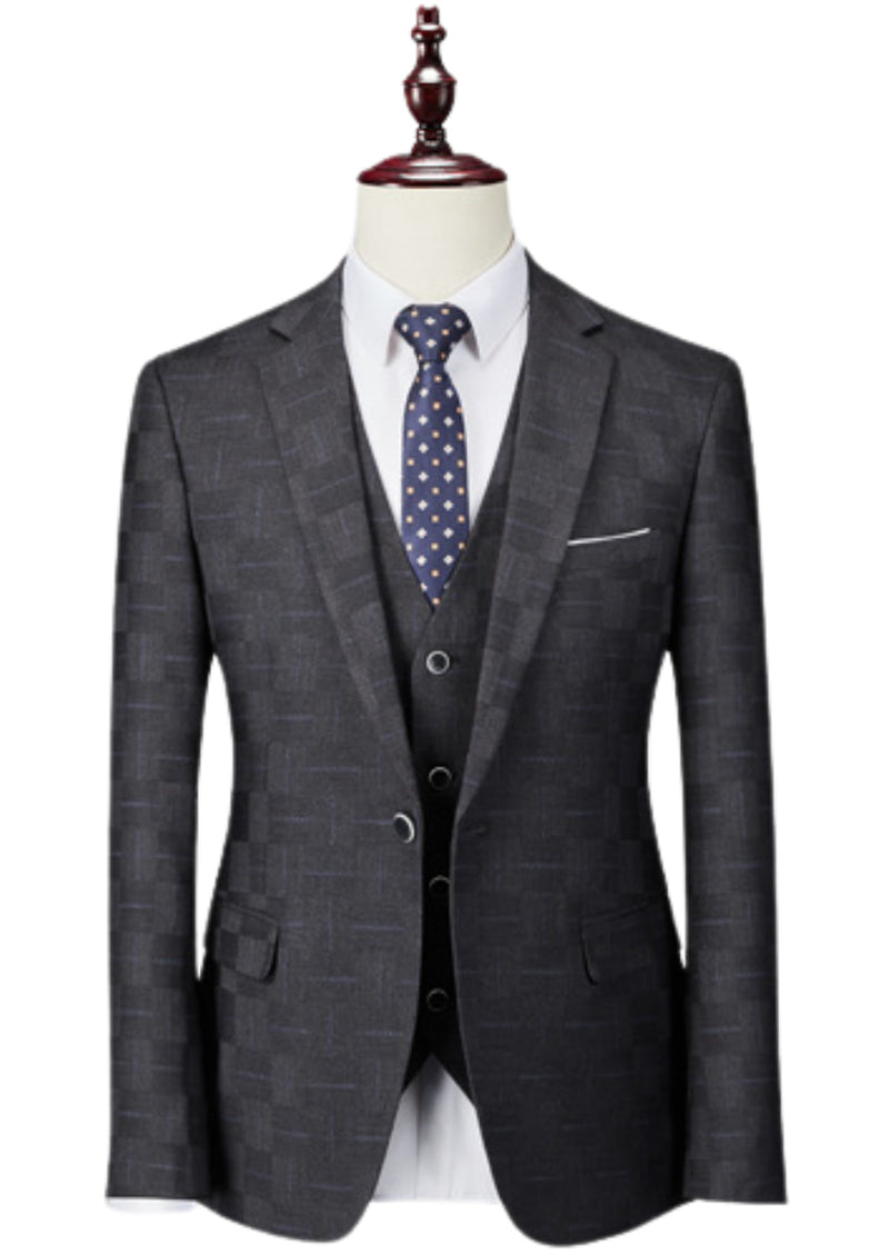 Men’s Black Plaid 3-Piece Slim Fit Suit Classic Attire