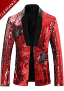 Men's Full Sequin Reflective Red Tuxedo with Black Geometric Patterns Mandarin Collar