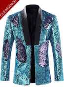 Men's Full Sequin Reflective Sky Blue Tuxedo with Purple Geometric Patterns Mandarin Collar