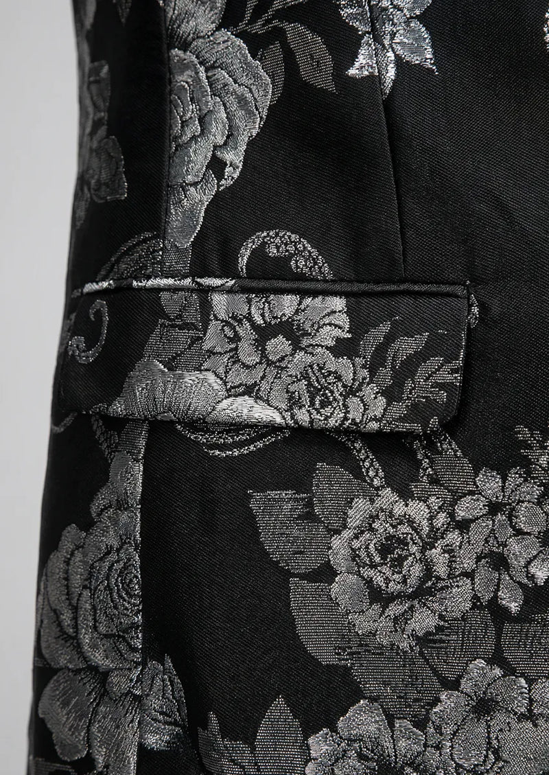 Men's 2-Piece Fashion Silver Peony Jacquard Black Tuxedo