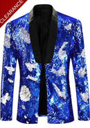 Men's Full Sequin Reflective Blue Tuxedo with Silver Geometric Patterns Mandarin Collar