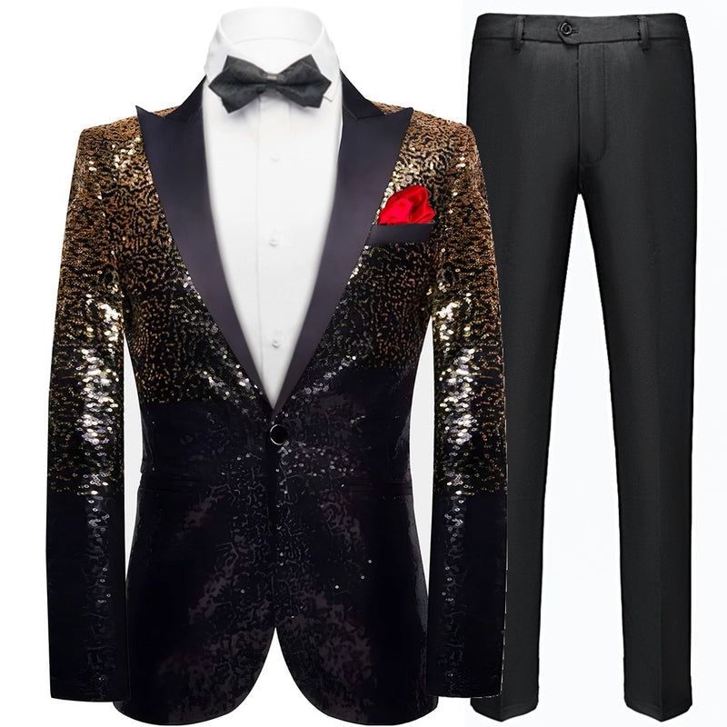 Men's Shimmering Gradient Sequin Tuxedo Jacket Gold Black