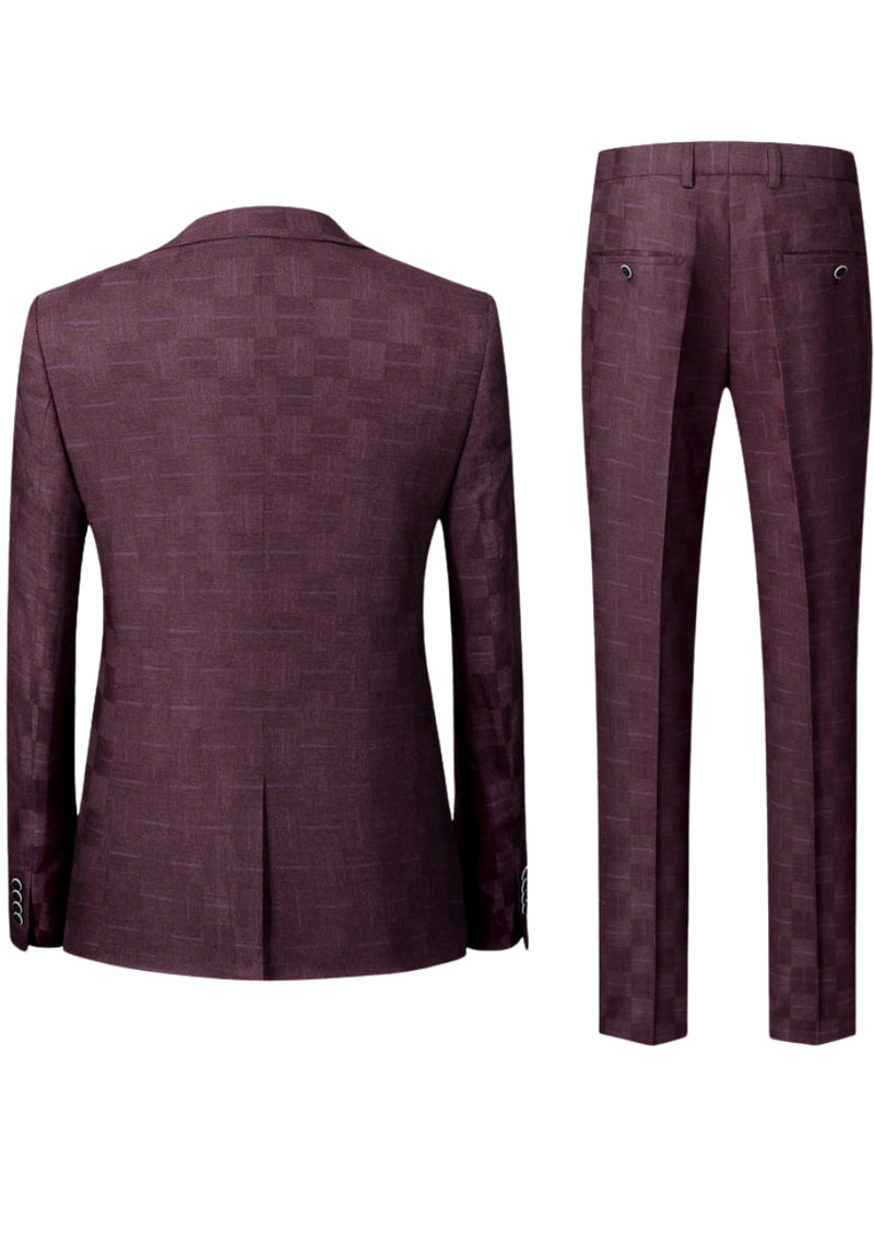 Men’s Burgundy Plaid 3-Piece Slim Fit Suit Classic Attire