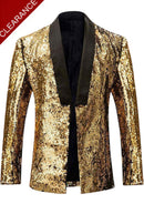 Men's Full Sequin Reflective Gold Tuxedo with Silver Geometric Patterns Mandarin Collar