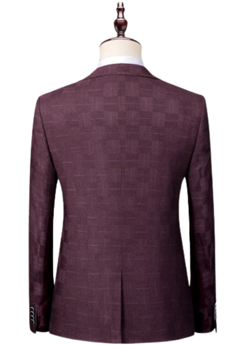 Men’s Burgundy Plaid 3-Piece Slim Fit Suit Classic Attire
