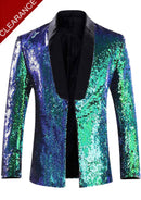 Men's Full Sequin Reflective Teal Green Tuxedo Mandarin Collar