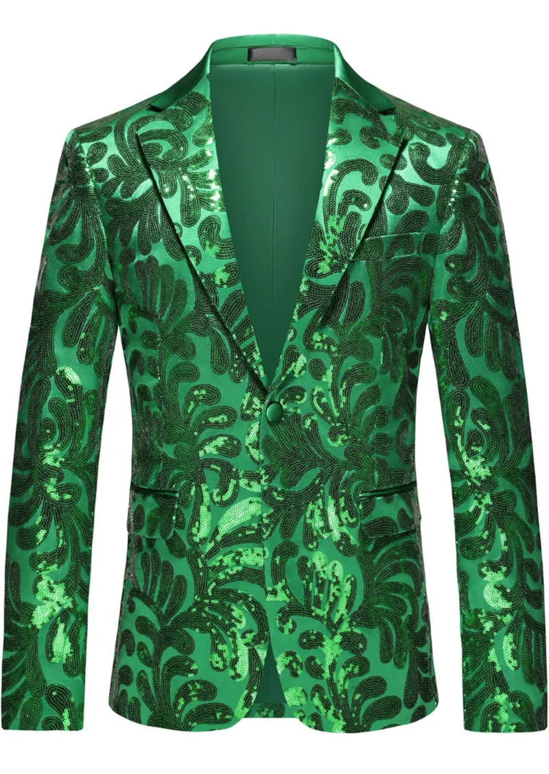 Men's Green Sequin Paisley Embroidered Suit Jacket with Flat Notch Lapel