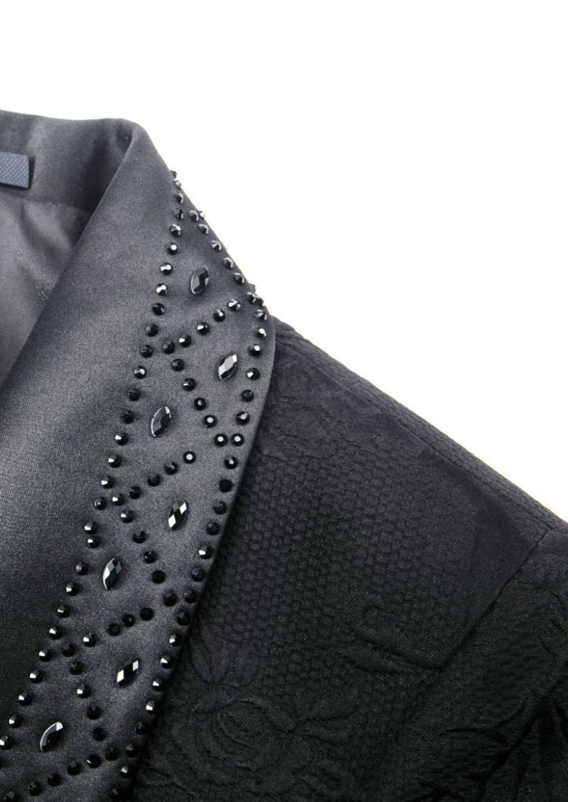 Men’s Black 2-Piece Jacquard Embroidered Tuxedo Set with Diamond Shawl Collar