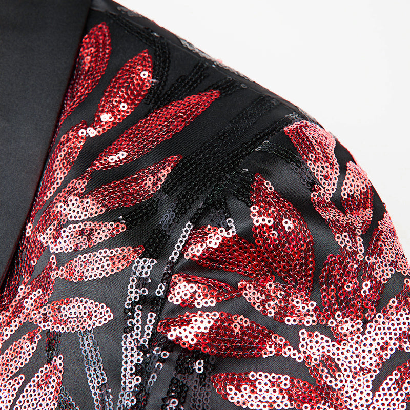 Men's 2-Piece Sequin Red Leaves Embroidery Tuxedo