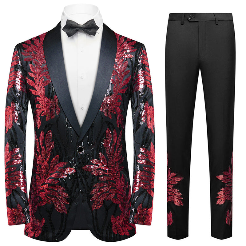Men's 2-Piece Sequin Red Leaves Embroidery Tuxedo