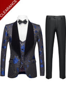 Men's 3-Piece Shawl Collar Blue Floral Jacquard Black Suit