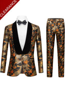 Men's 2-Piece Gold and Black Floral Jacquard Shawl Collar Tuxedo