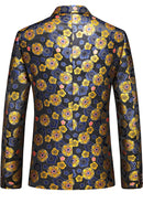 Blazer noir élégant à un bouton en jacquard floral doré pour homme