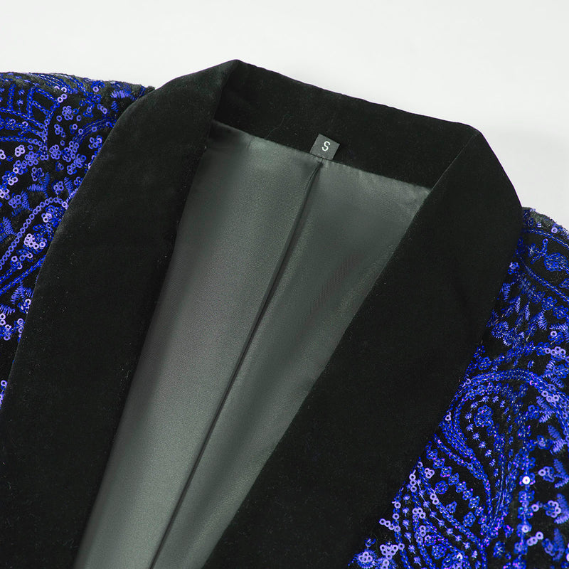 Men's Sequin Blue Paisley Black Tuxedo Jacket