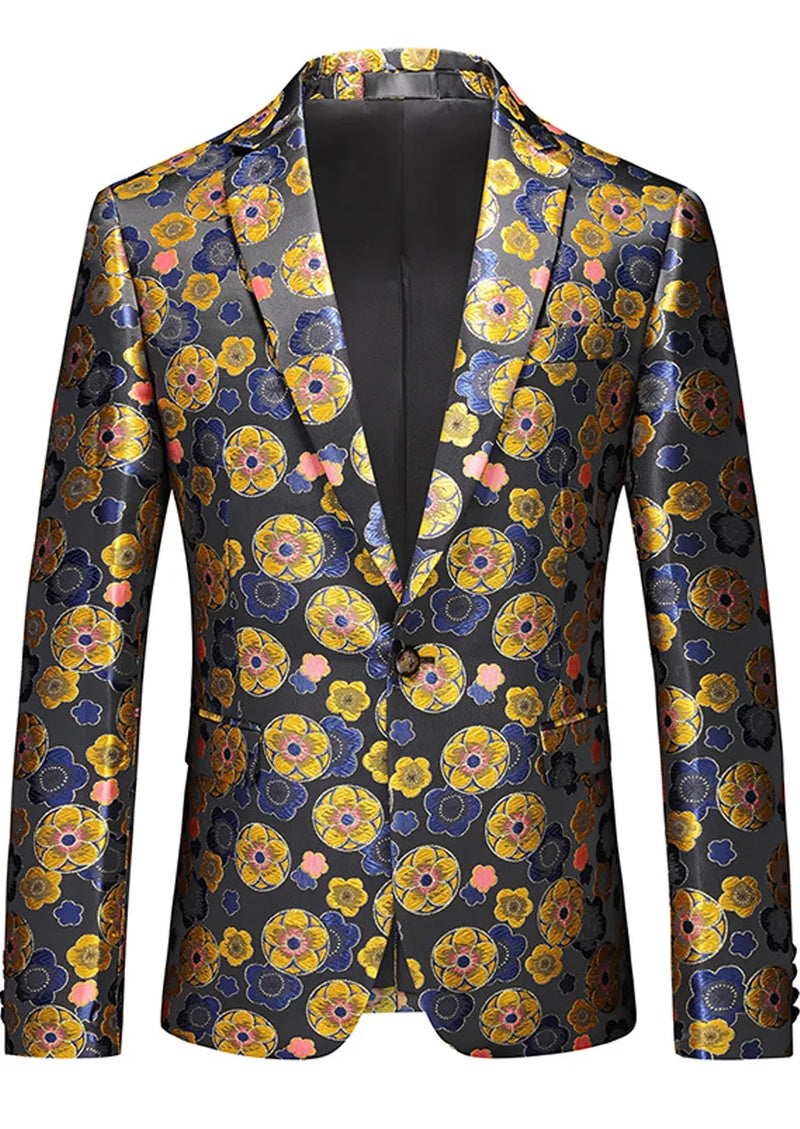 Blazer noir élégant à un bouton en jacquard floral doré pour homme