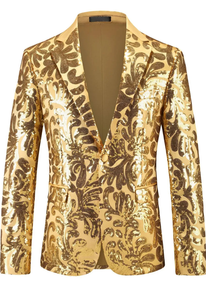 Men's Gold Sequin Paisley Embroidered Suit Jacket with Flat Notch Lapel