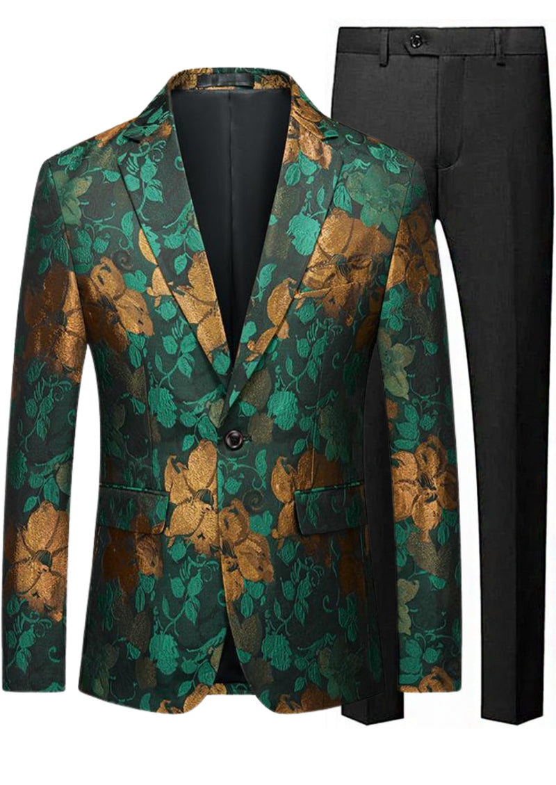 Veste de smoking jaune à fleurs et vert vigne pour homme