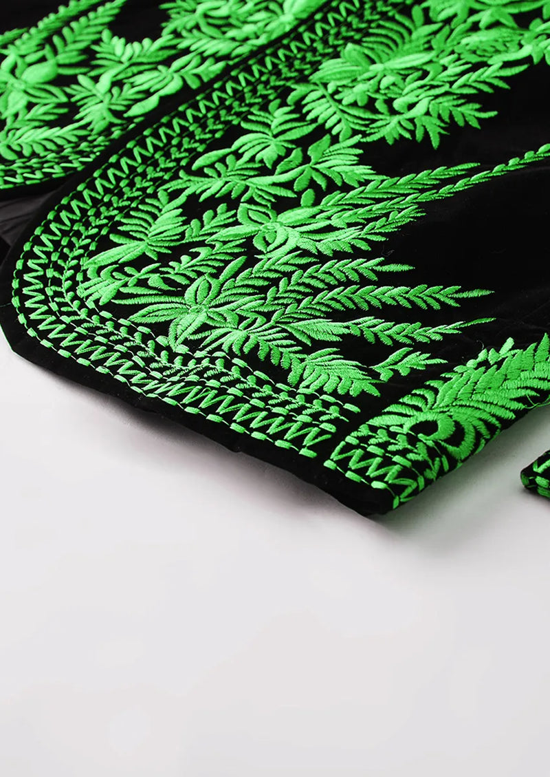 Men's Luxury Green Embroidered Black Velvet Tuxedo