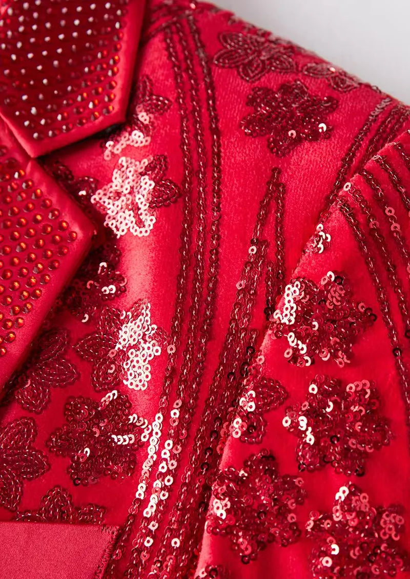Men's Sequin Six-pointed Star Red Luxury Tuxedo