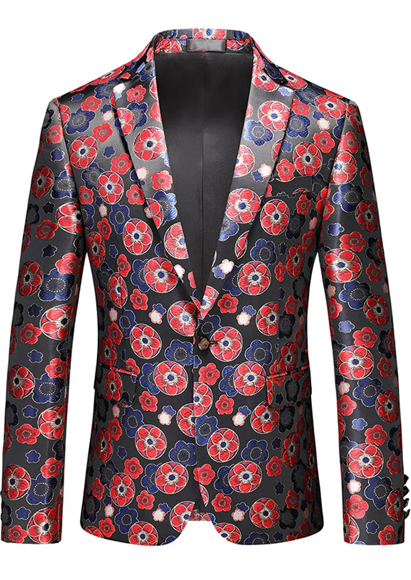 Blazer noir élégant à un bouton en jacquard floral rouge pour homme