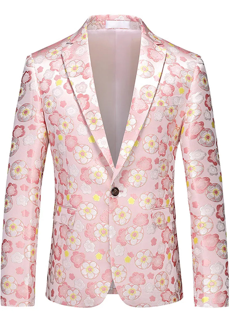 Blazer elegante de jacquard floral amarillo con un botón rosa para hombre
