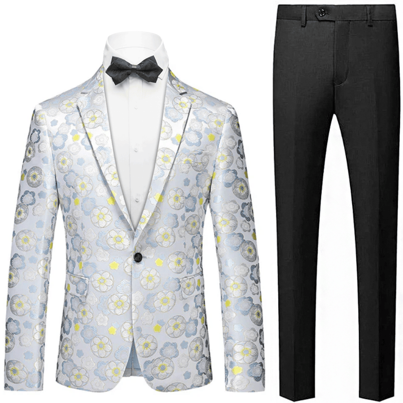 Men's Stylish Yellow Floral Jacquard One-Button White Blazer