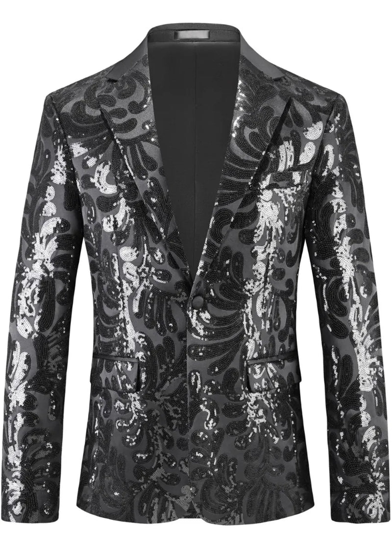 Men's Black Sequin Paisley Embroidered Suit Jacket with Flat Notch Lapel