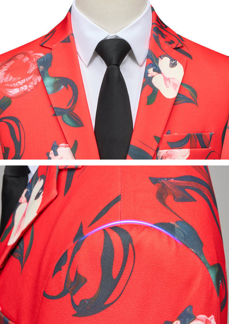 Men’s Stylish 2-Piece Floral Print Red Suit Set