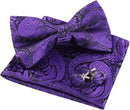 Serviette de poche pour homme à motif cachemire violet et fleurs de cajou avec nœud papillon et poignet