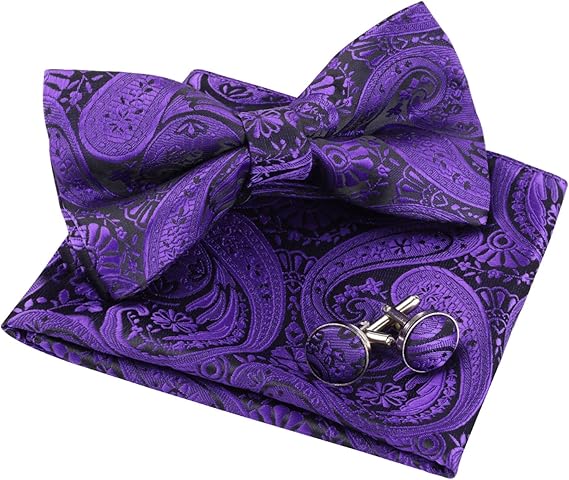 Men's Purple Paisley Cashew Flower Bow-tie Cuff Pocket Towel