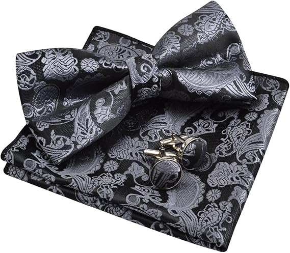 Men's Silver Paisley Cashew Flower Bow-tie Cuff Pocket Towel