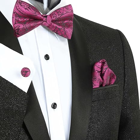 Men's Magenta Paisley Cashew Flower Bow-tie Cuff Pocket Towel