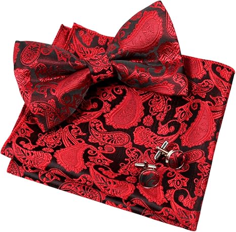 Men's Red Paisley Cashew Flower Bow-tie Cuff Pocket Towel