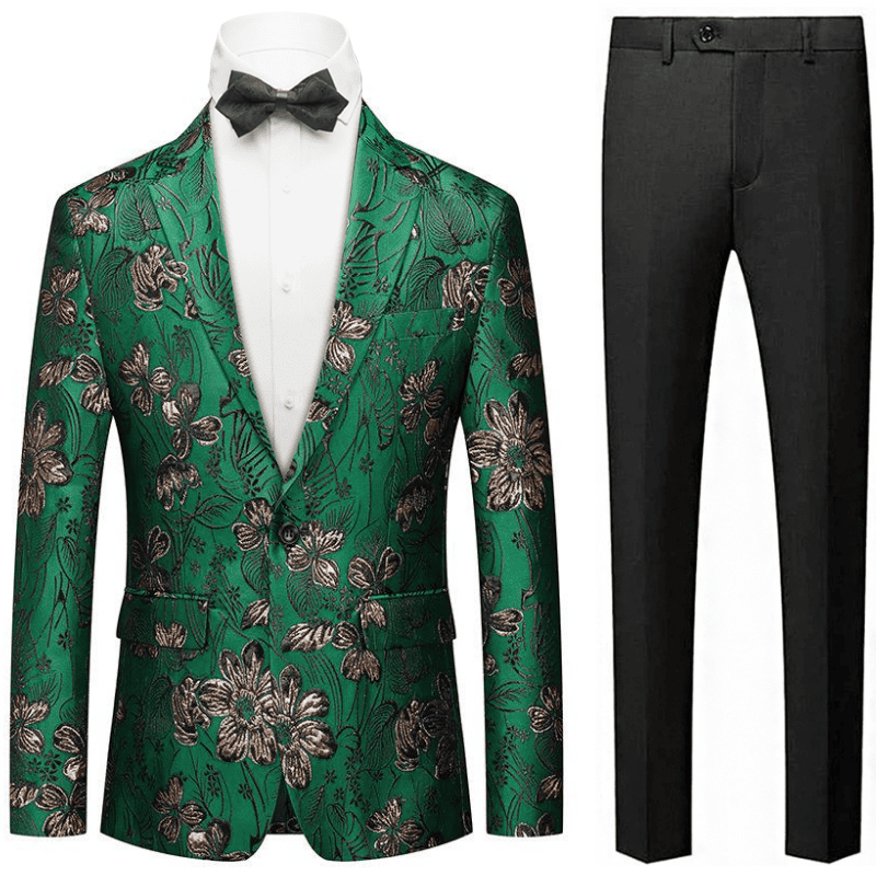 Men's One-Button Slim Fit Floral Jacquard Green Jacket