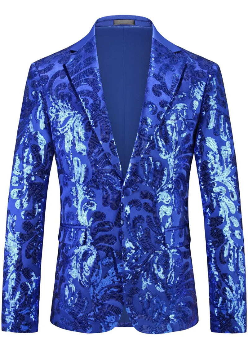 Men's Navy Sequin Paisley Embroidered Suit Jacket with Flat Notch Lapel