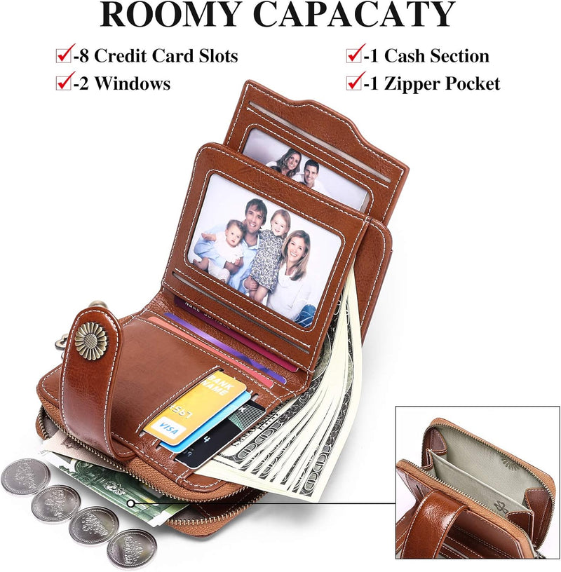 Genuine Leather Mini Brown Wallet with Zipper & ID Holder