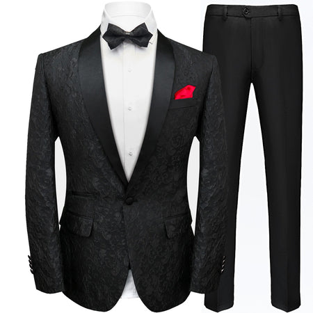 Men's 2-Piece Jacquard Embroidery Paisley Black Suit