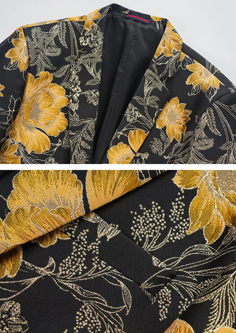 Veste élégante en jacquard floral jaune noir pour homme