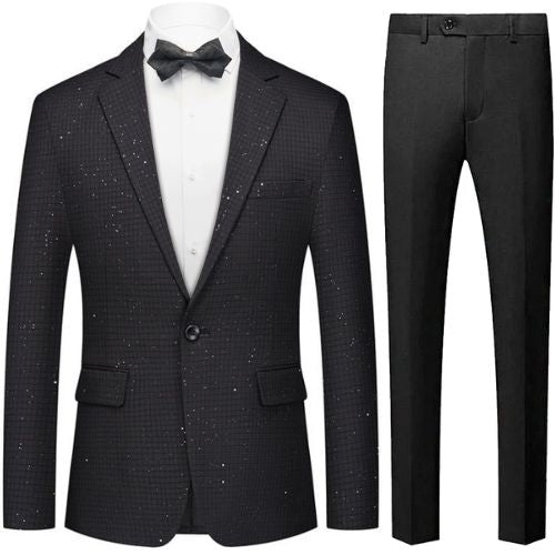 Men's 2-Piece Single-Row Sequin Embellished Plaid Black Suit