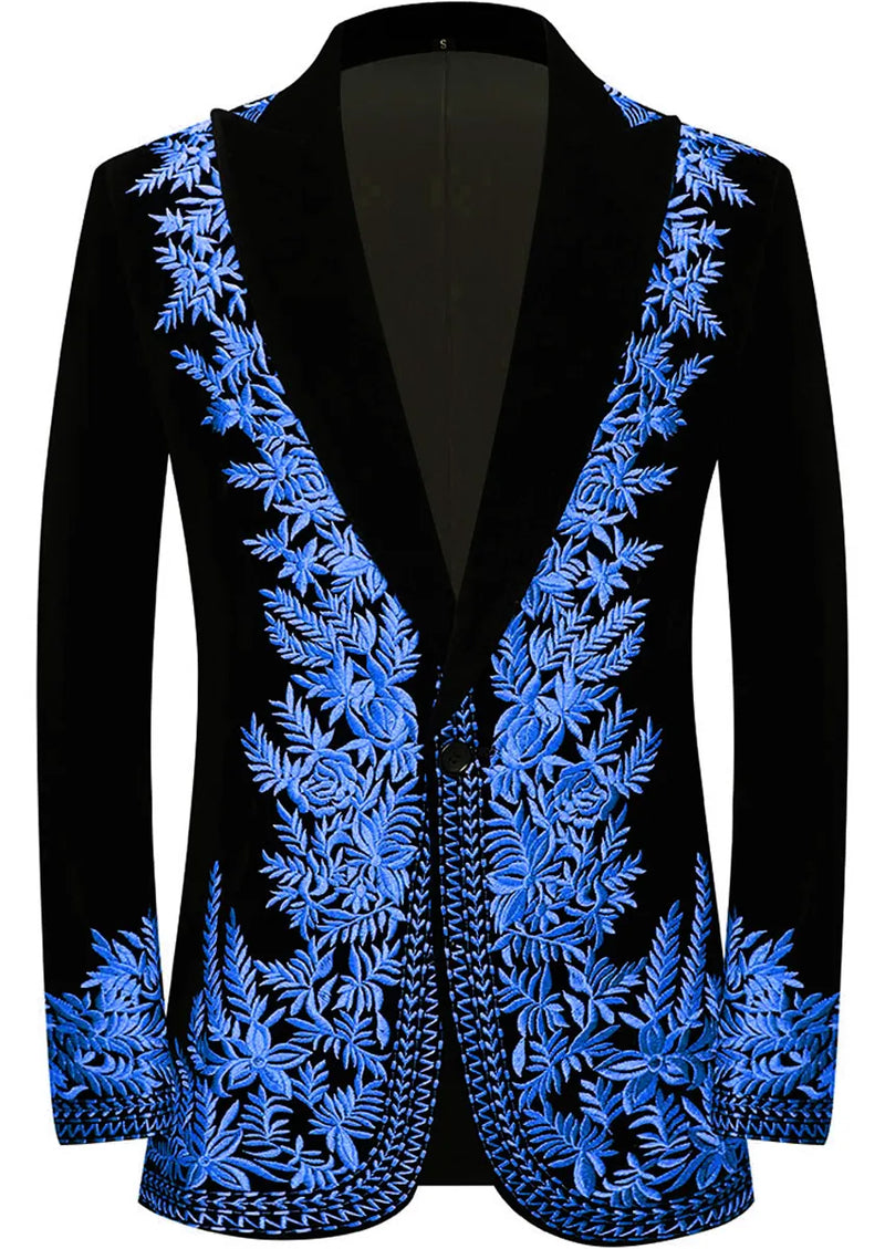 Men's Luxury Navy Embroidered Black Velvet Tuxedo